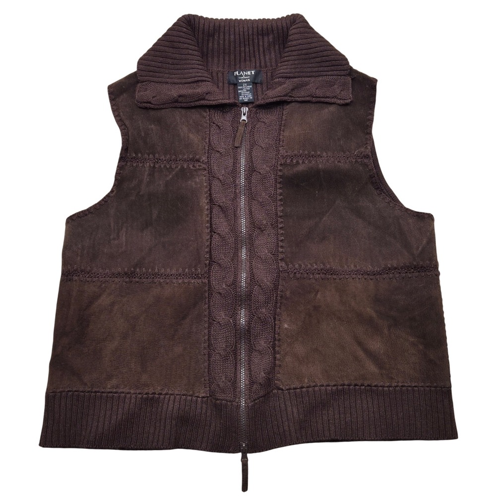 Planet & Company Brown Suede Leather Cable Knit Sweater Vest Womens 2X Zip Front